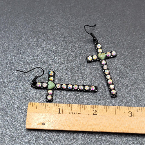 Cross Heart Pierced Earrings Black Metal Enamel AB Rhinestones Dangle 1 7/8"