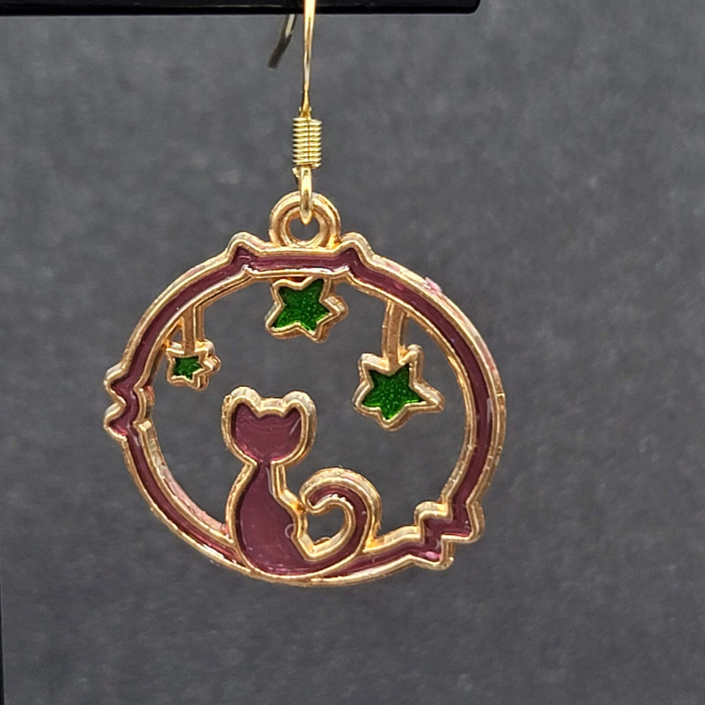 New Cat Pierced Earrings Gold tone Green Stars Purple Enamel Dangle 7/8"