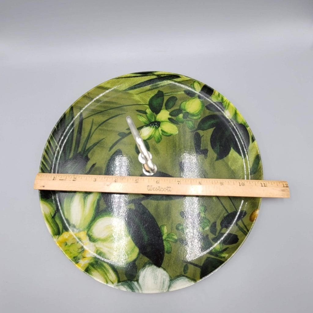 Vintage MCM Fiberglass Serving Tray Round Green Flowers 11"