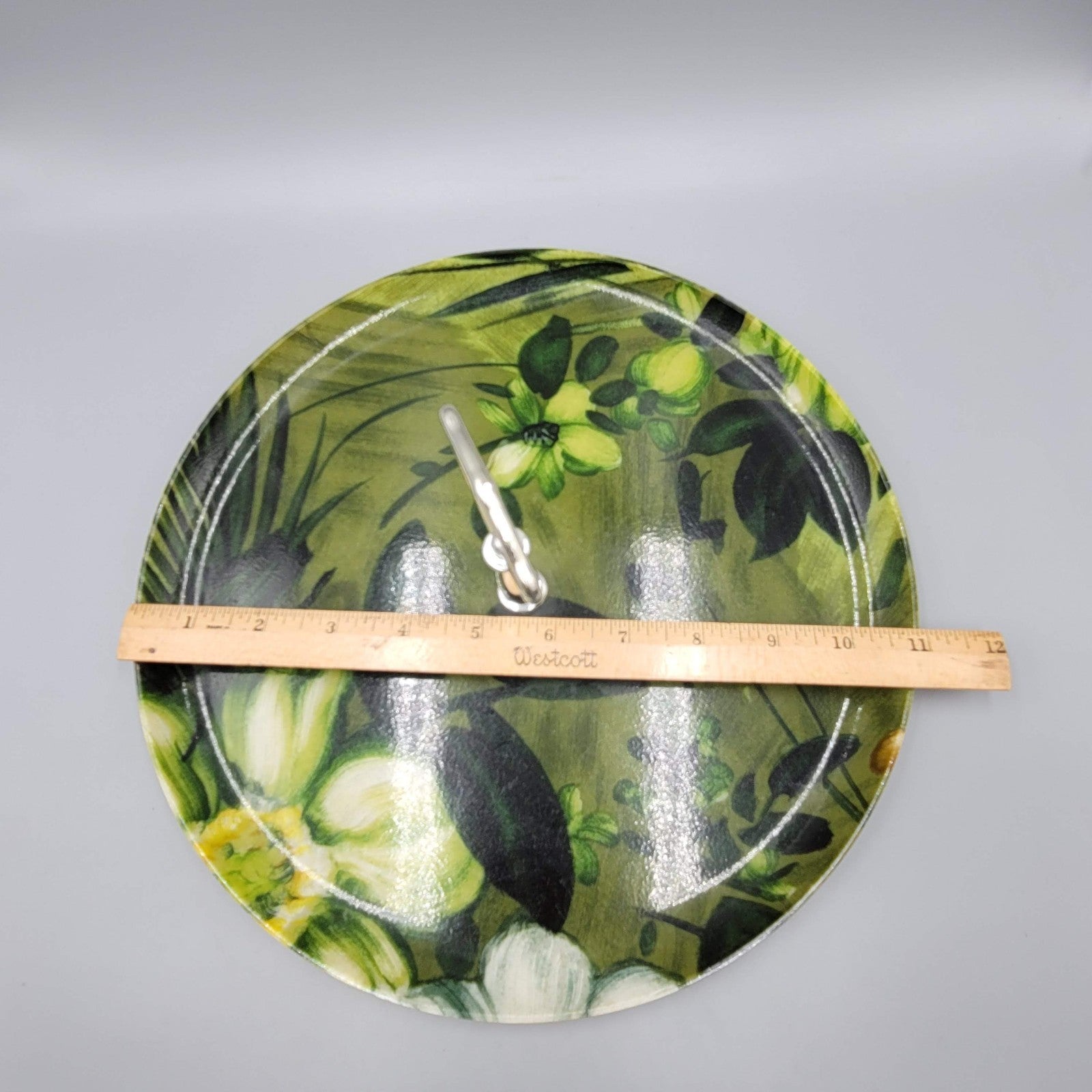 Vintage MCM Fiberglass Serving Tray Round Green Flowers 11"