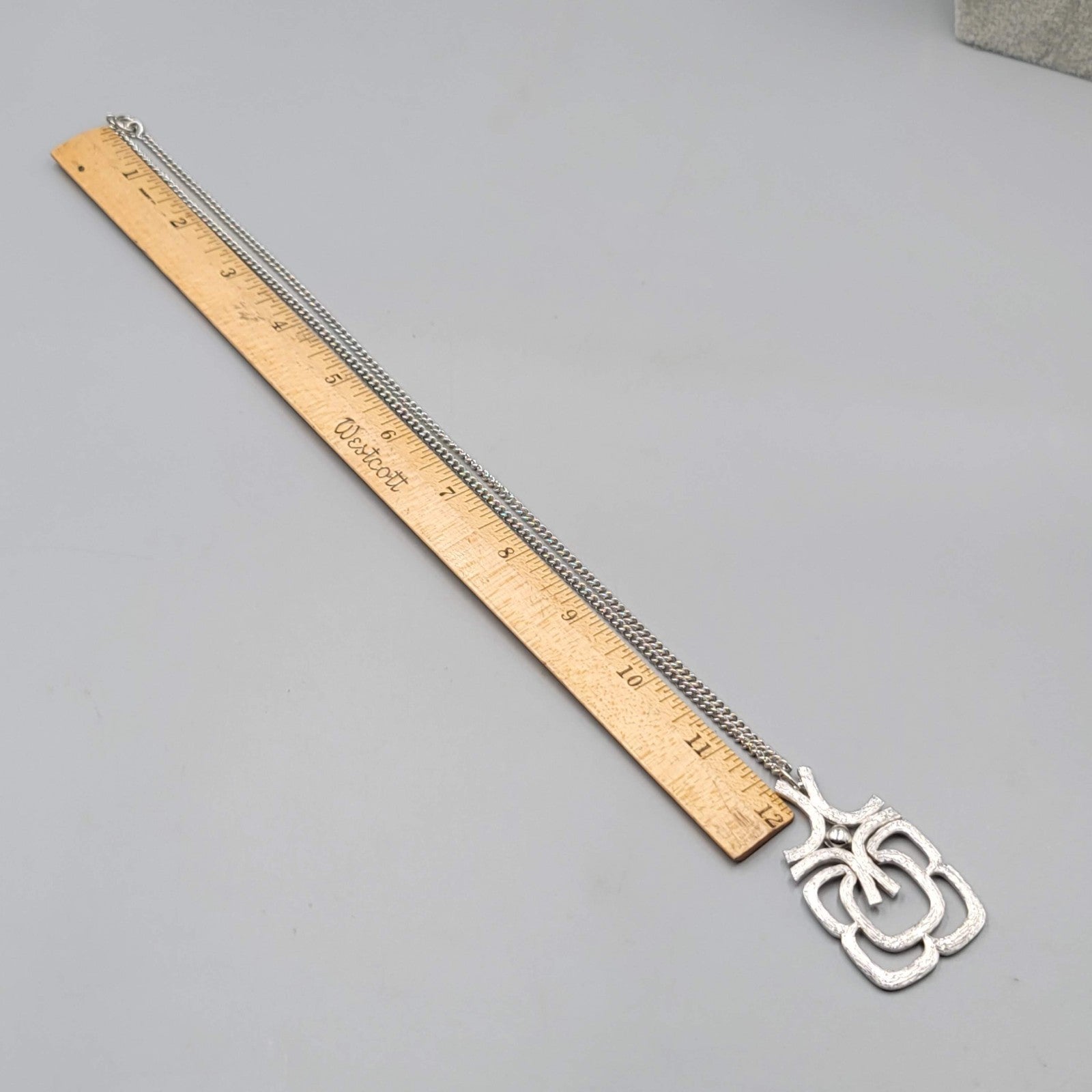 Vintage Avon Necklace Long Silver tone Geometric Pendant Statement 24 in
