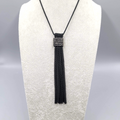 Black Metal Long Chain Tassel Necklace Black Rhinestones 26 in