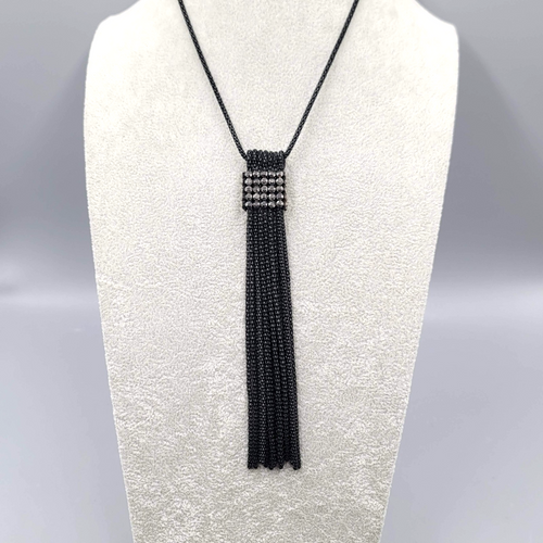 Black Metal Long Chain Tassel Necklace Black Rhinestones 26 in