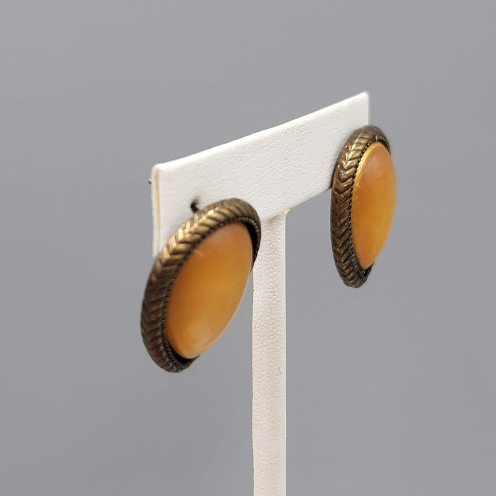 Reverse Teardrop Pierced Earrings Bronze tone Yellow Dome Drop 1"