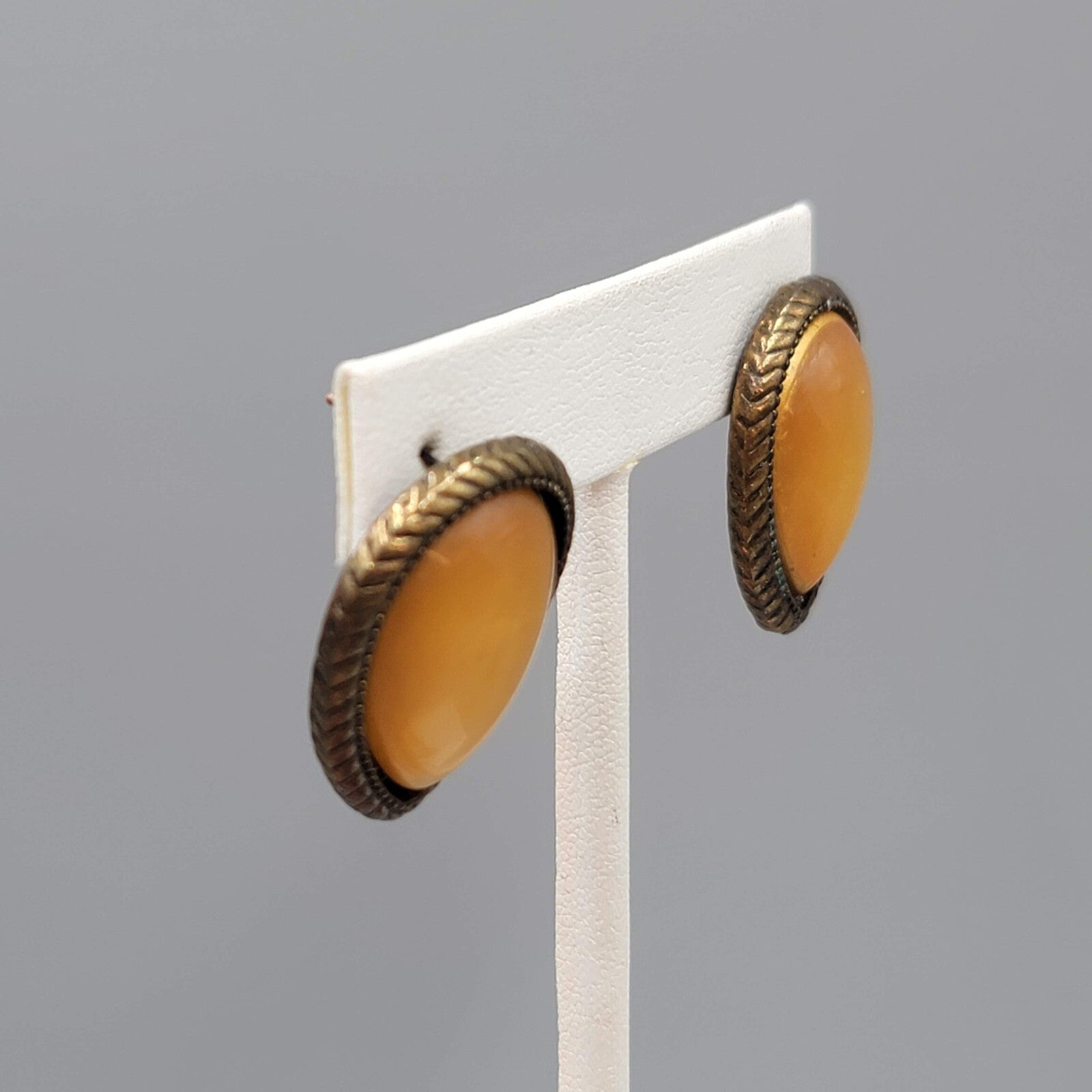 Reverse Teardrop Pierced Earrings Bronze tone Yellow Dome Drop 1"