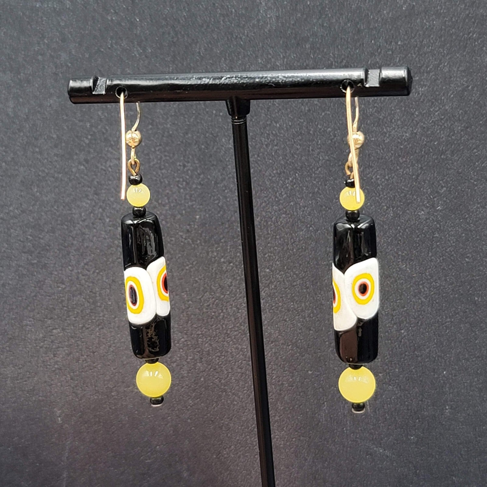 Pierced Earrings Gold tone Black Yellow White Art Glass Barrel Bead 1 7/8"