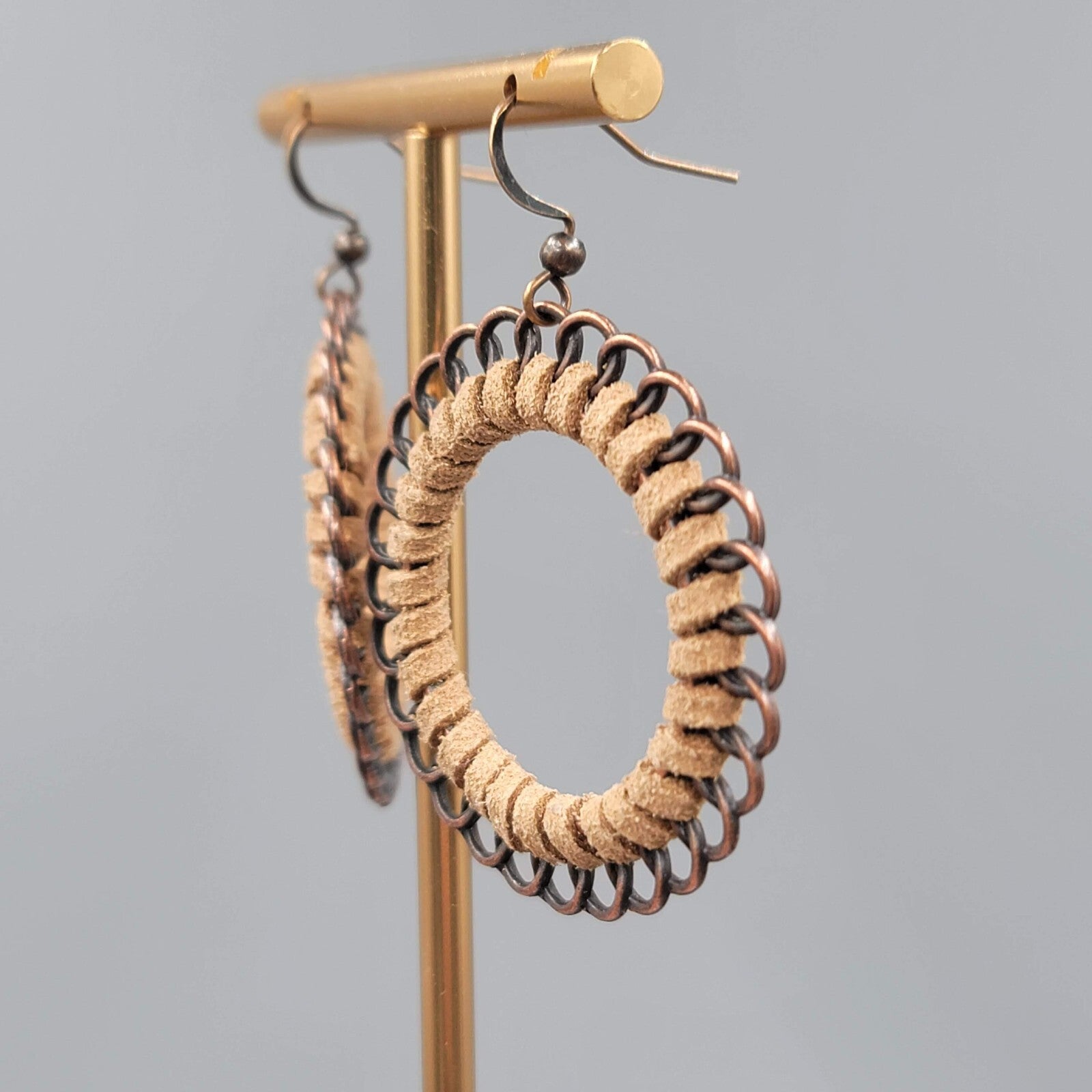 Pierced Earrings Bronze tone Dangle Faux Suede Leather Wrapped 1 5/8"