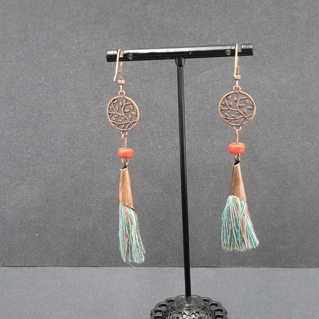 Pierced Earrings Copper tone Round Open Work Tassel Beaded Dangle 3"