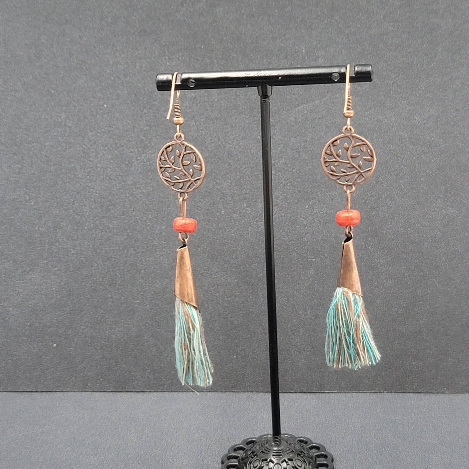 Pierced Earrings Copper tone Round Open Work Tassel Beaded Dangle 3"