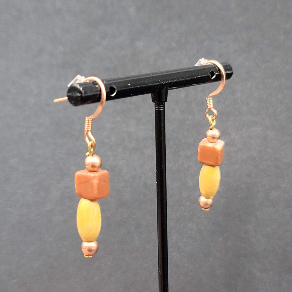 Pierced Earrings Red Stone Wood Bead Copper tone Dangle  1"
