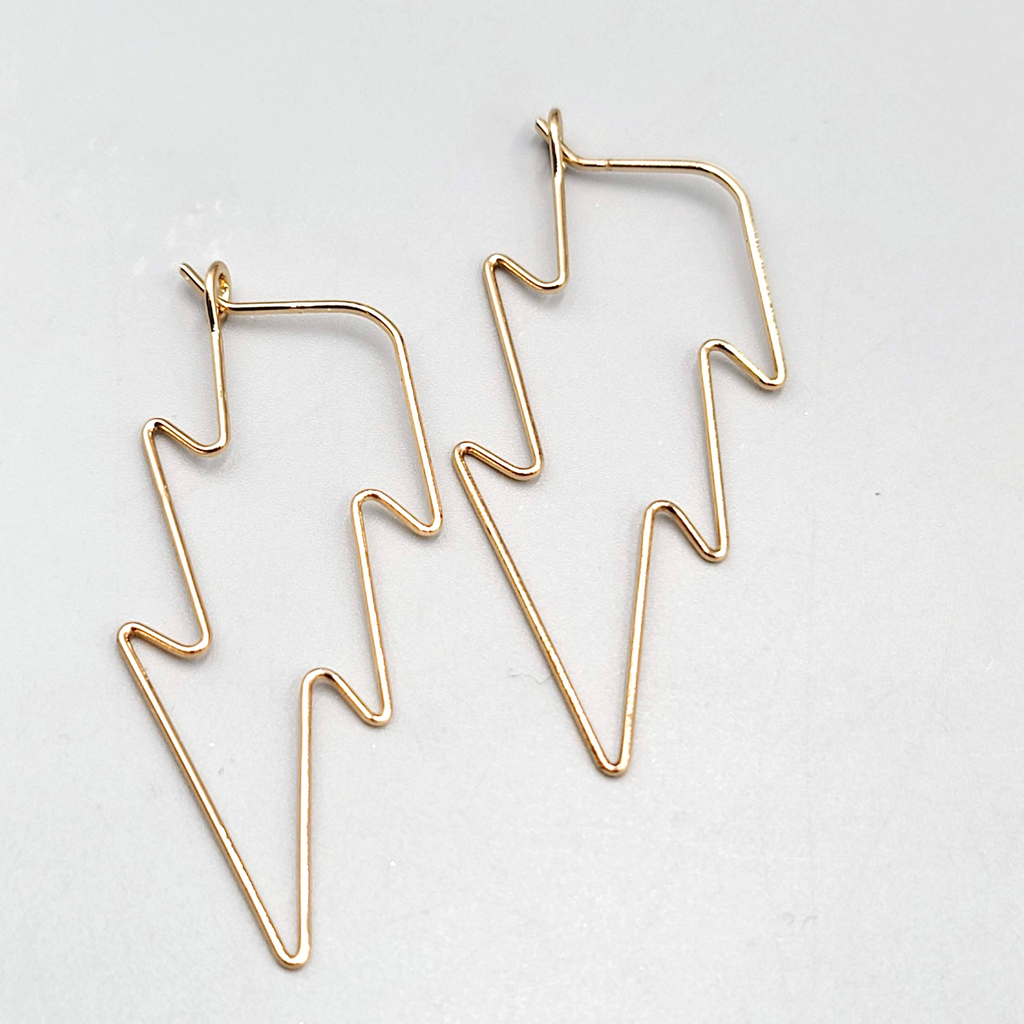 Lightning Bolt Pierced Earrings Wire Gold tone Drop Statement 2"