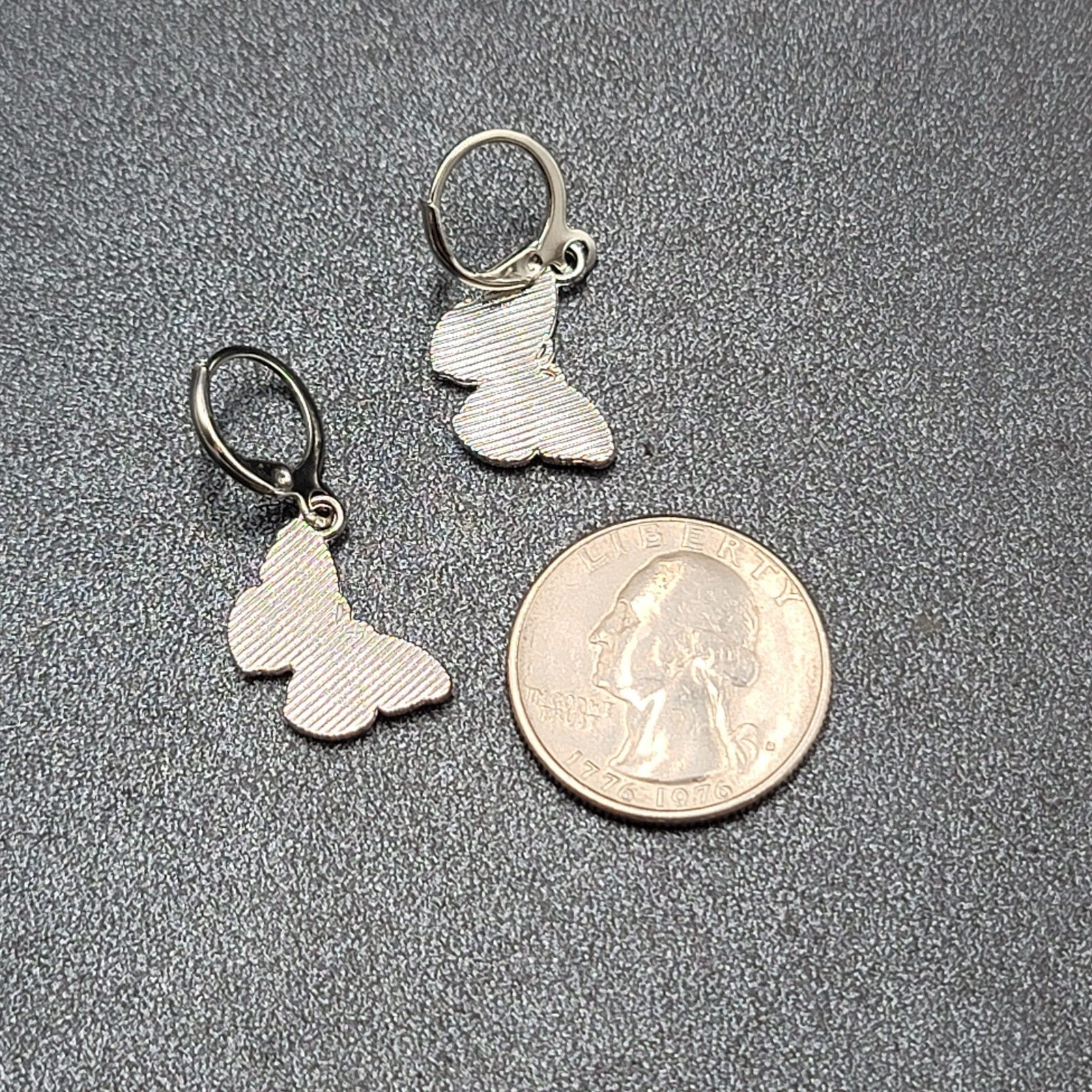 Pierced Earrings Silver tone Pink Butterfly Dangle 3/4"