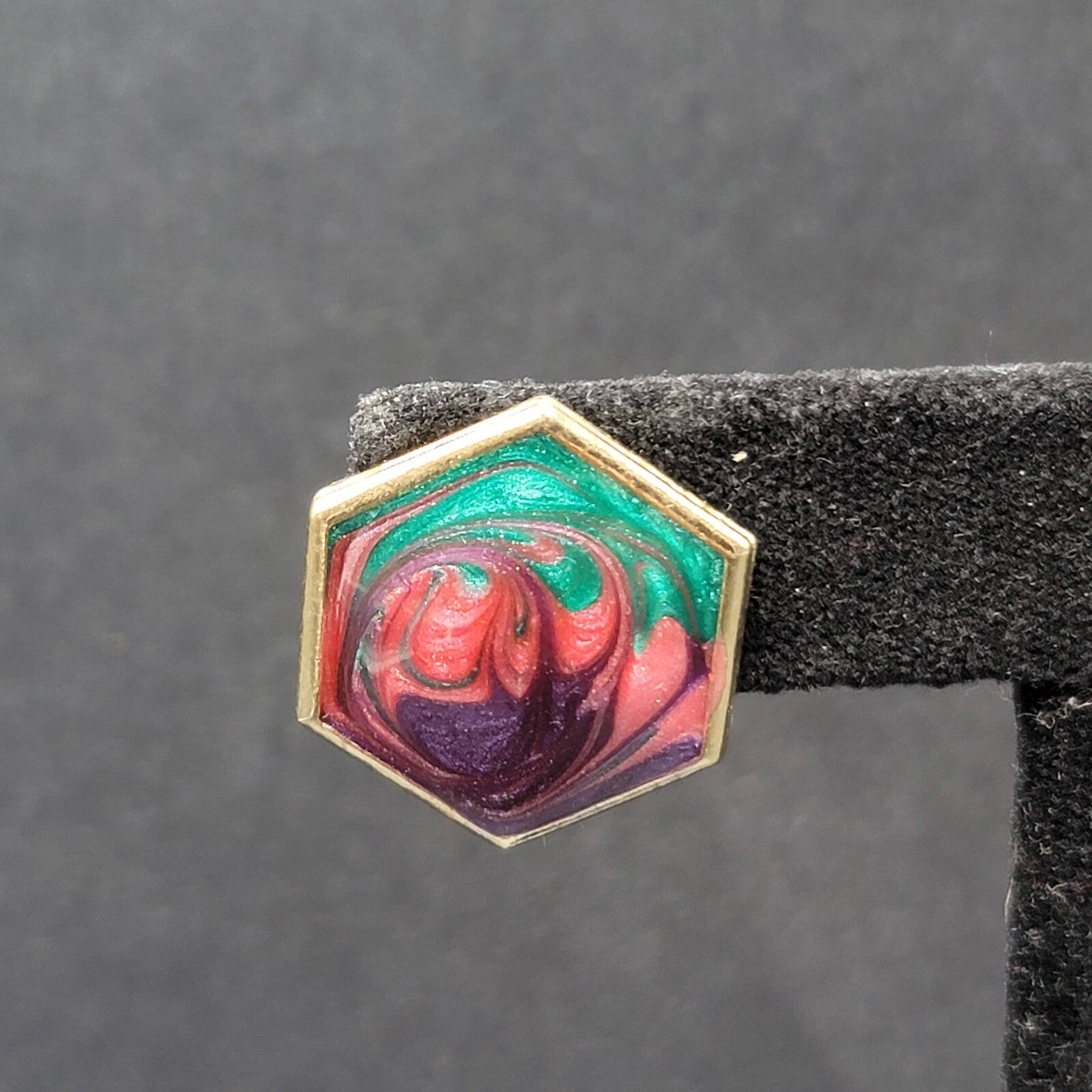 Vintage Pierced Earrings Gold Plated Swirl Enamel Hexagon Studs  3/4"