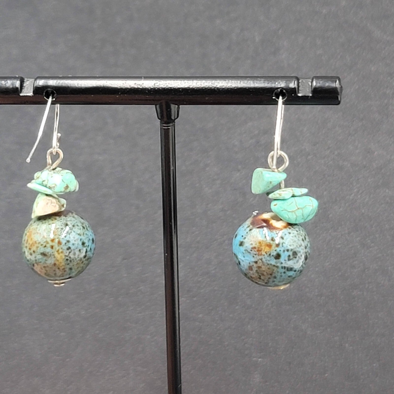 Pierced Earrings Silver tone Turquoise Bead Pottery Bead Dangle  1"