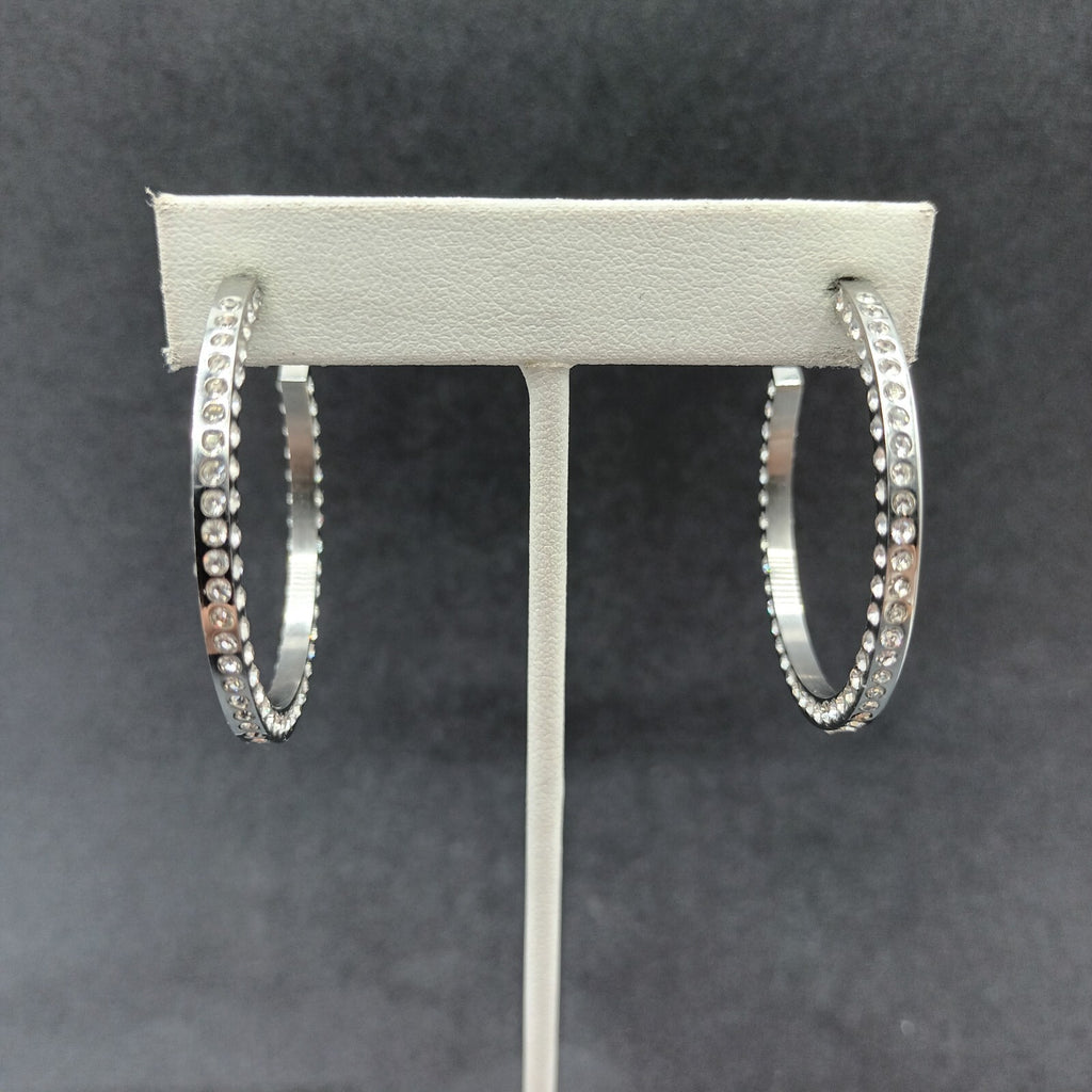 Pierced Earrings Silver tone Rhinestone Studded Statement Hoop 1 5/8"