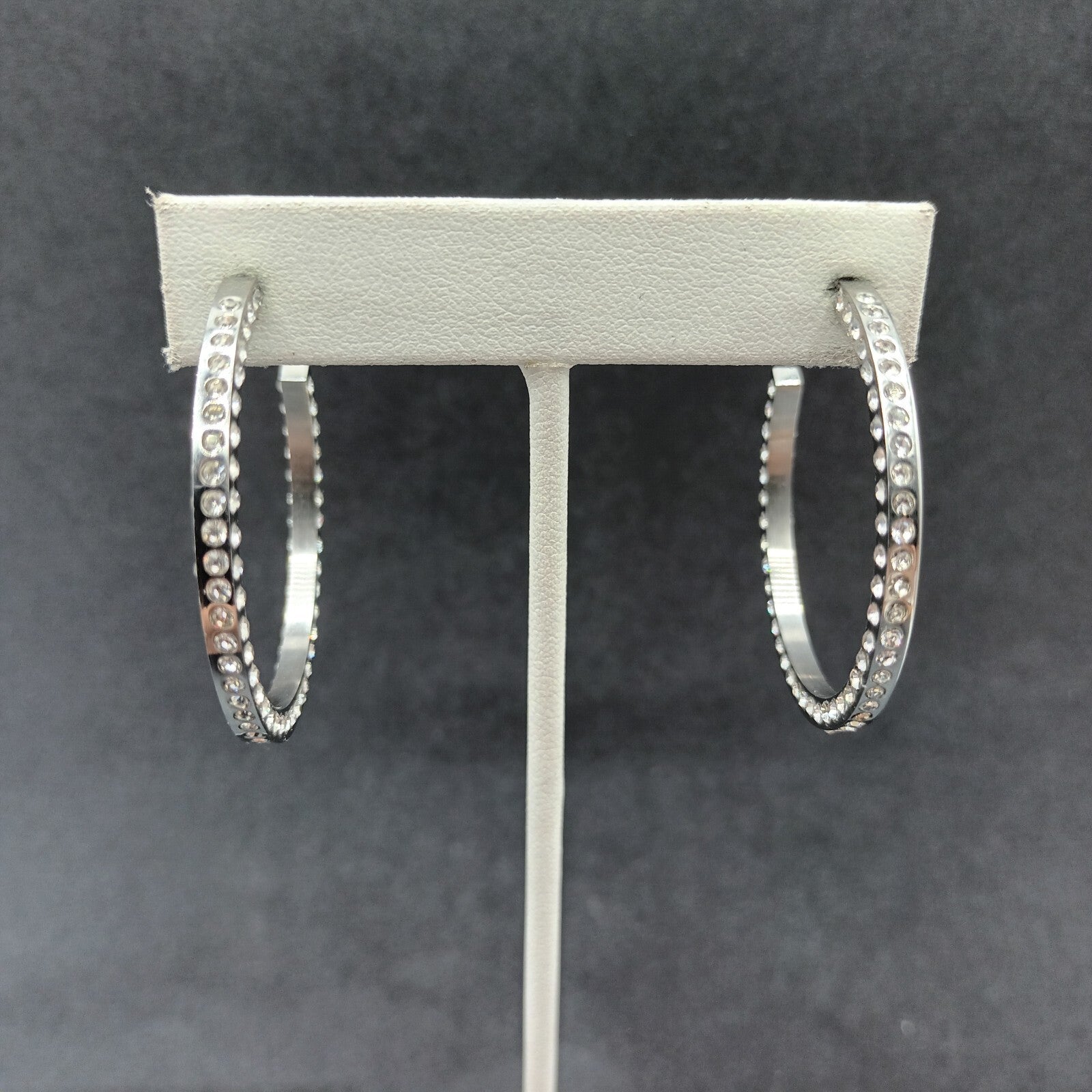 Pierced Earrings Silver tone Rhinestone Studded Statement Hoop 1 5/8"