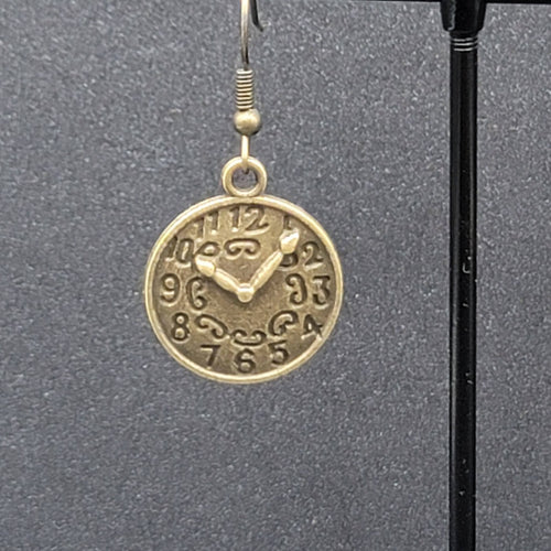 Clock Face Pierced Earrings Bronze tone Embossed Dangle 7/8"