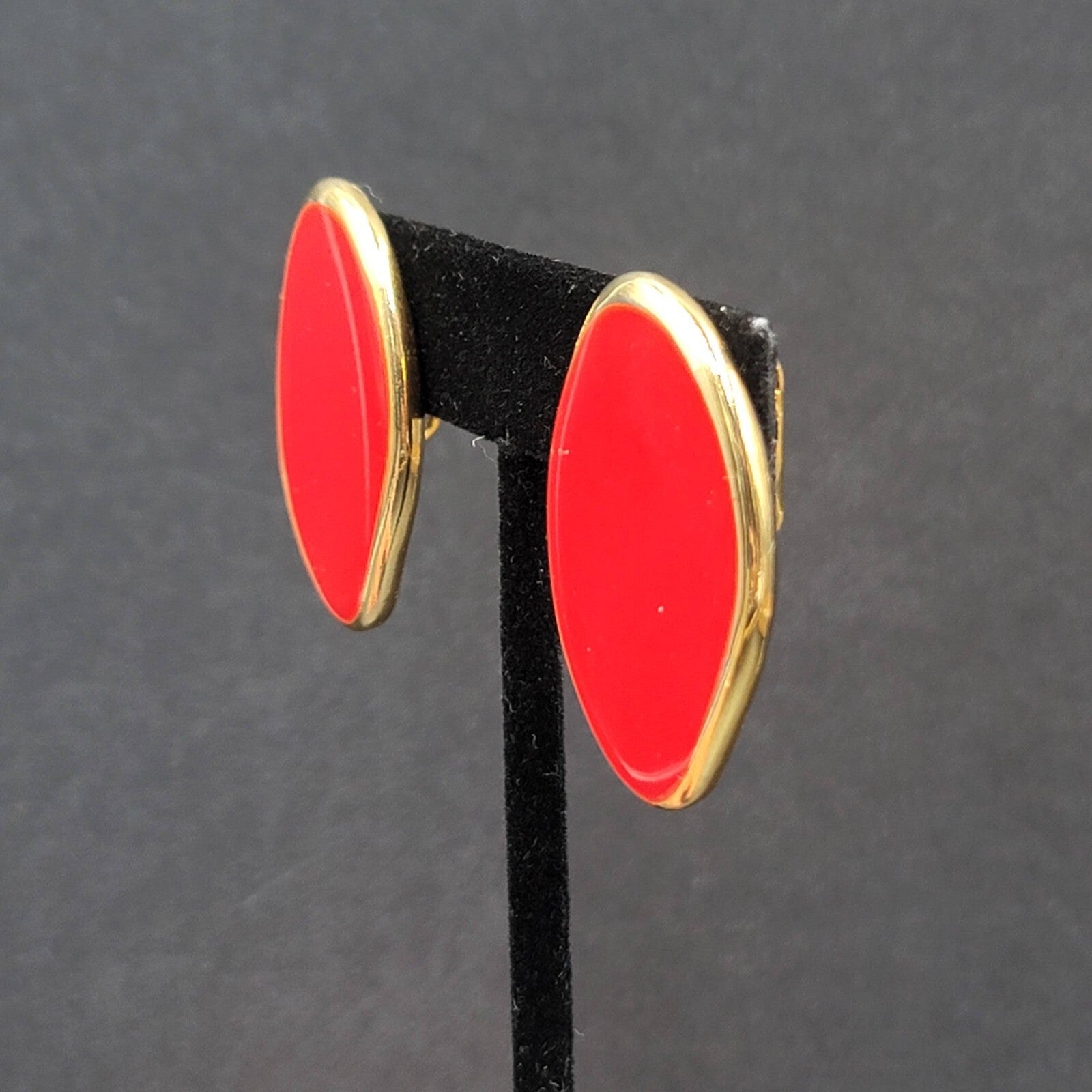 Bergere Red Enamel Clip On Earrings Gold Plated  1.25"