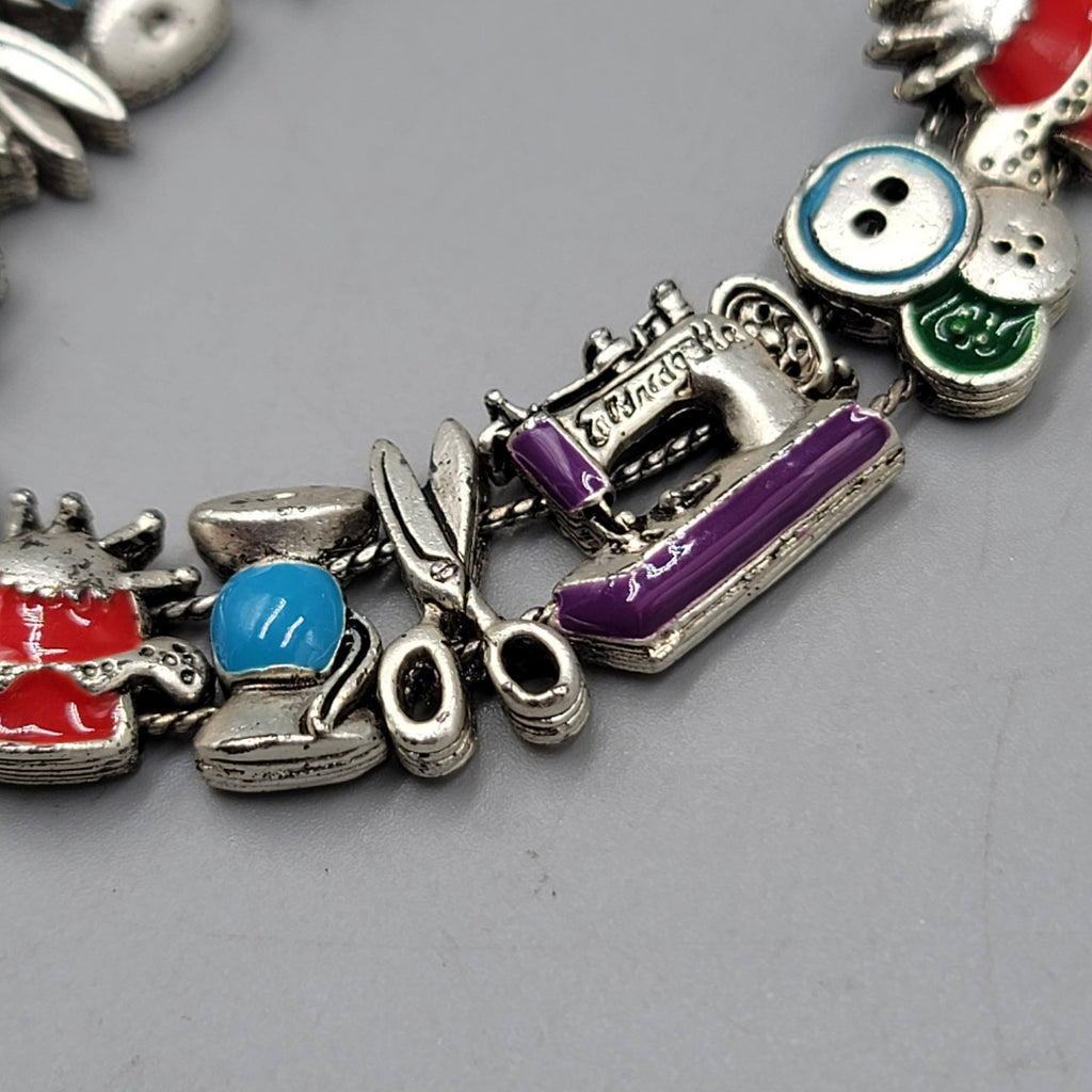Slide Charm Bracelet Sewing Theme Silver tone Enamel 