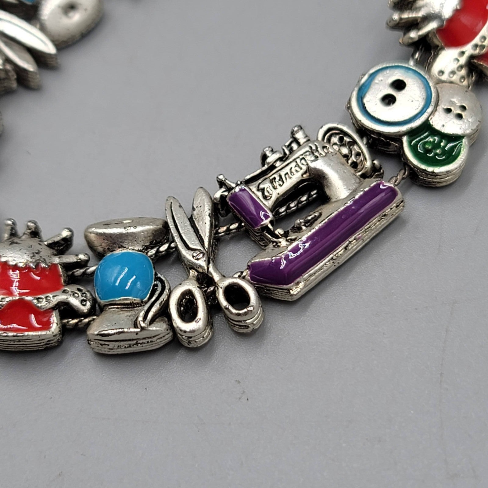 Slide Charm Bracelet Sewing Theme Silver tone Enamel 