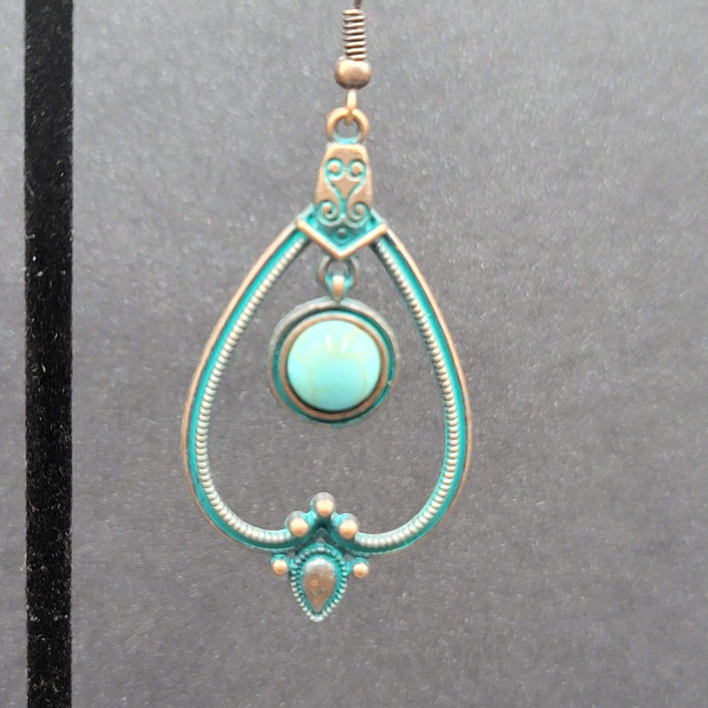 New Boho Pierced Earrings Copper tone Green Enamel Faux Turquoise Dangle 1.75"