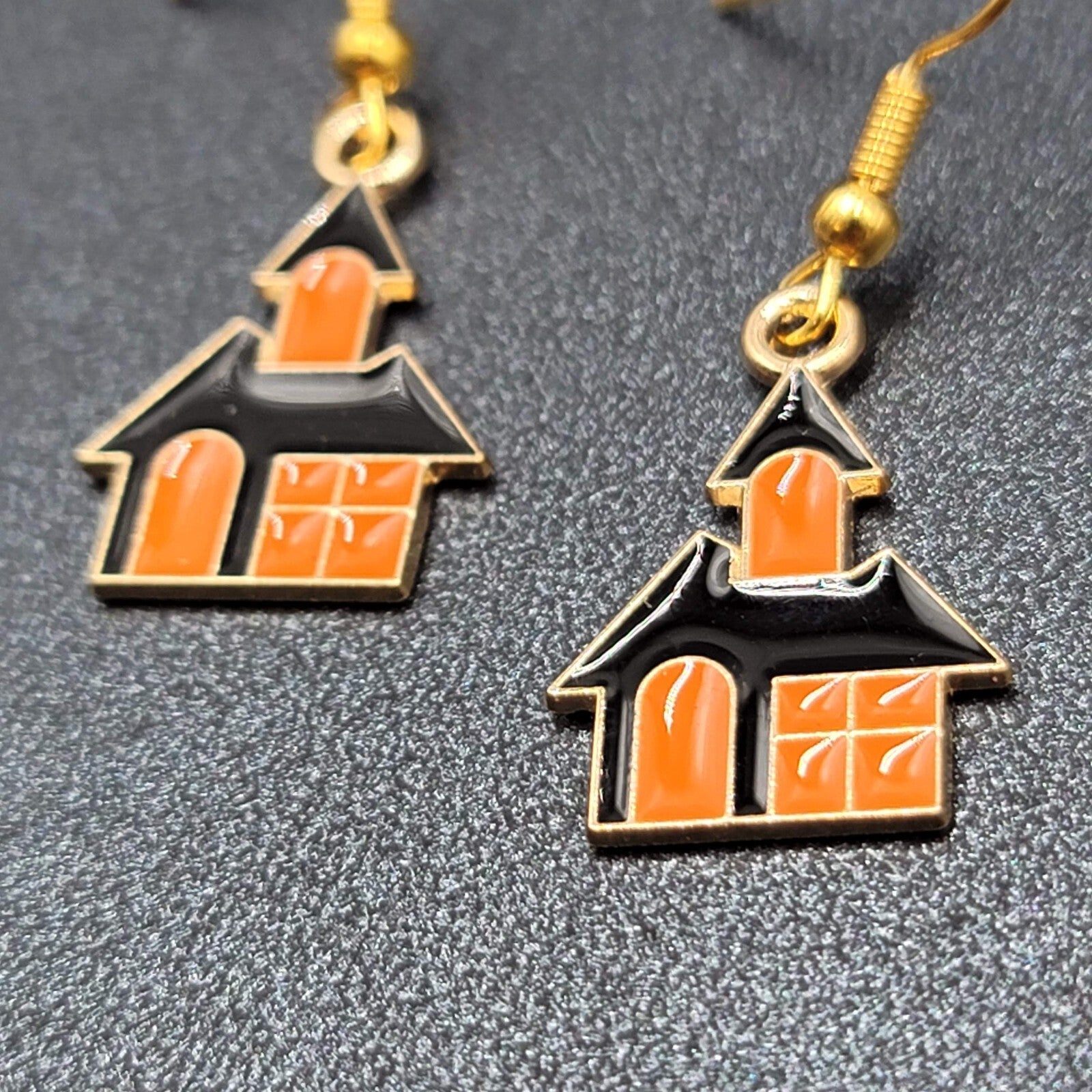 New Halloween House Pierced Earrings Purple Orange Enamel Gold tone Dangle 7/8"