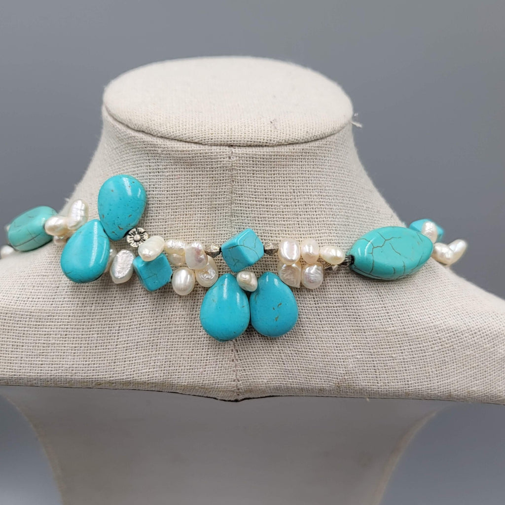 Large Statement Stone Bead Necklace Blue Dyed Howlite Pearl Silver tone Toggle