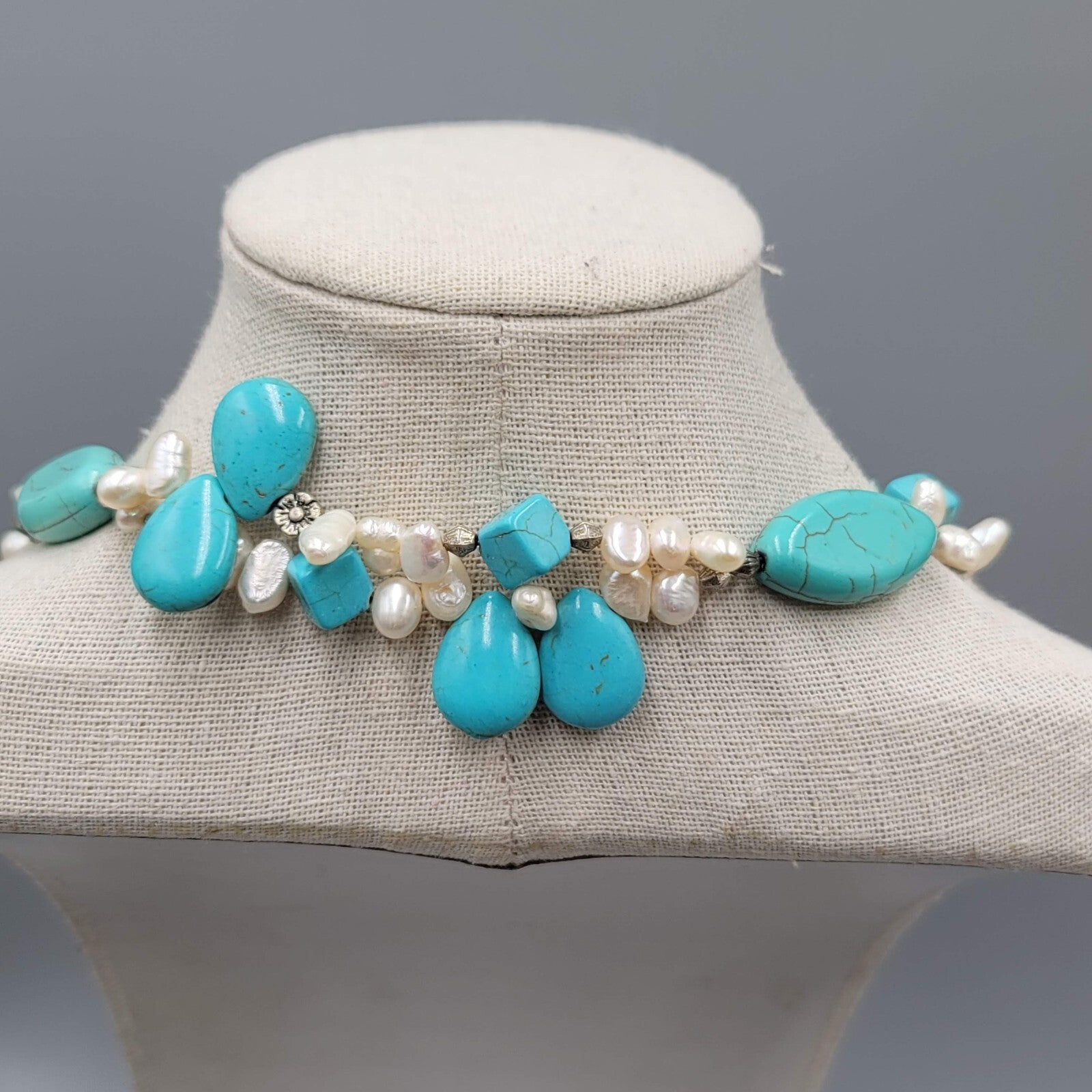 Large Statement Stone Bead Necklace Blue Dyed Howlite Pearl Silver tone Toggle
