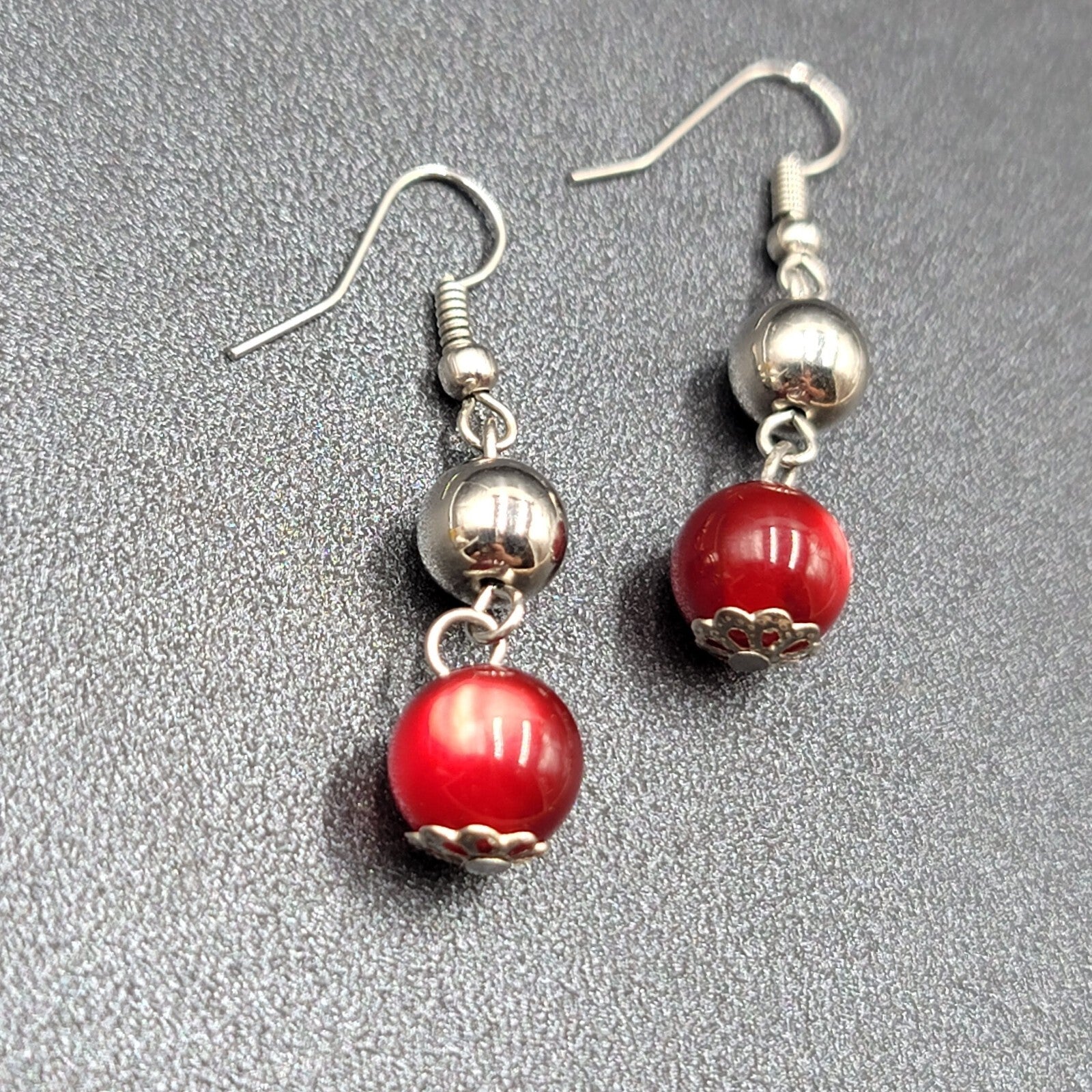 Pierced Earrings Silver tone Bead Red Moonglow Bead Dangle 1"