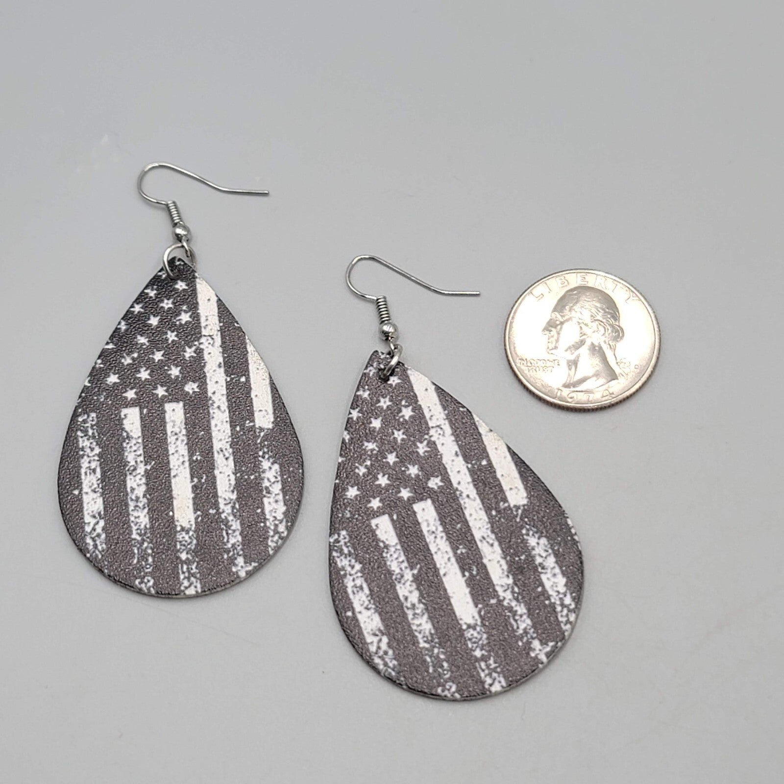 Black and White American Flag Pierced Earrings Teardrop Dangle 2.25"