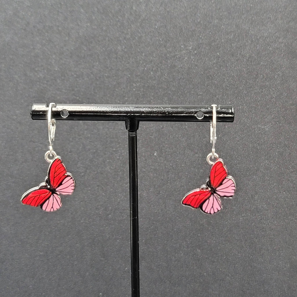 Pierced Earrings Silver tone Pink Butterfly Dangle 3/4"