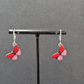 Pierced Earrings Silver tone Pink Butterfly Dangle 3/4"