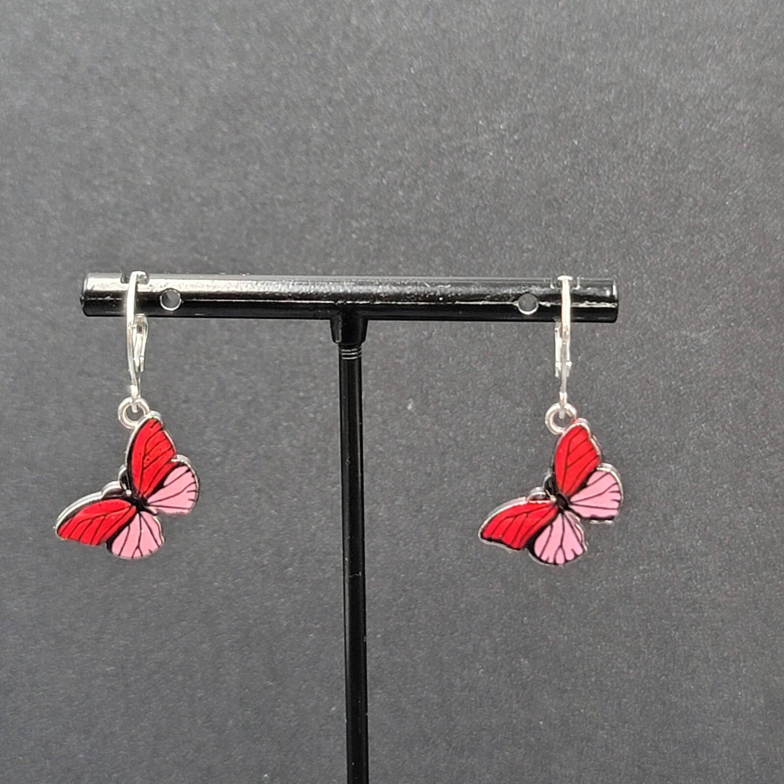 Pierced Earrings Silver tone Pink Butterfly Dangle 3/4"