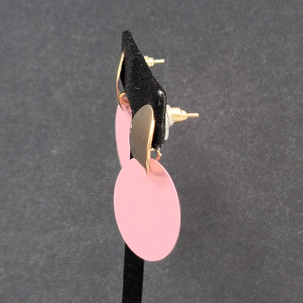 Pierced Earrings Mauve Pink Enamel Gold tone Double Discs Dangle 1 3/8"