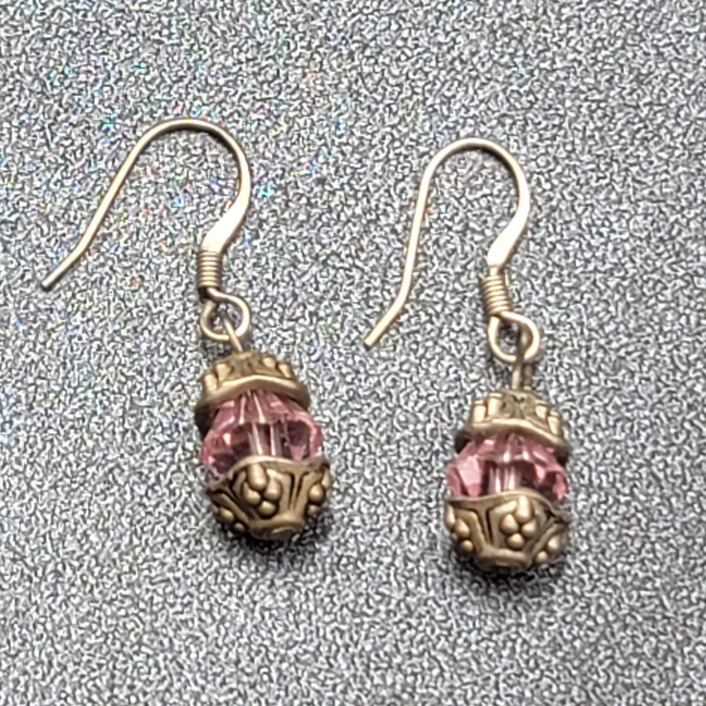 Pierced Earrings Silver tone Pink Crystal Bead Dangle 5/8"
