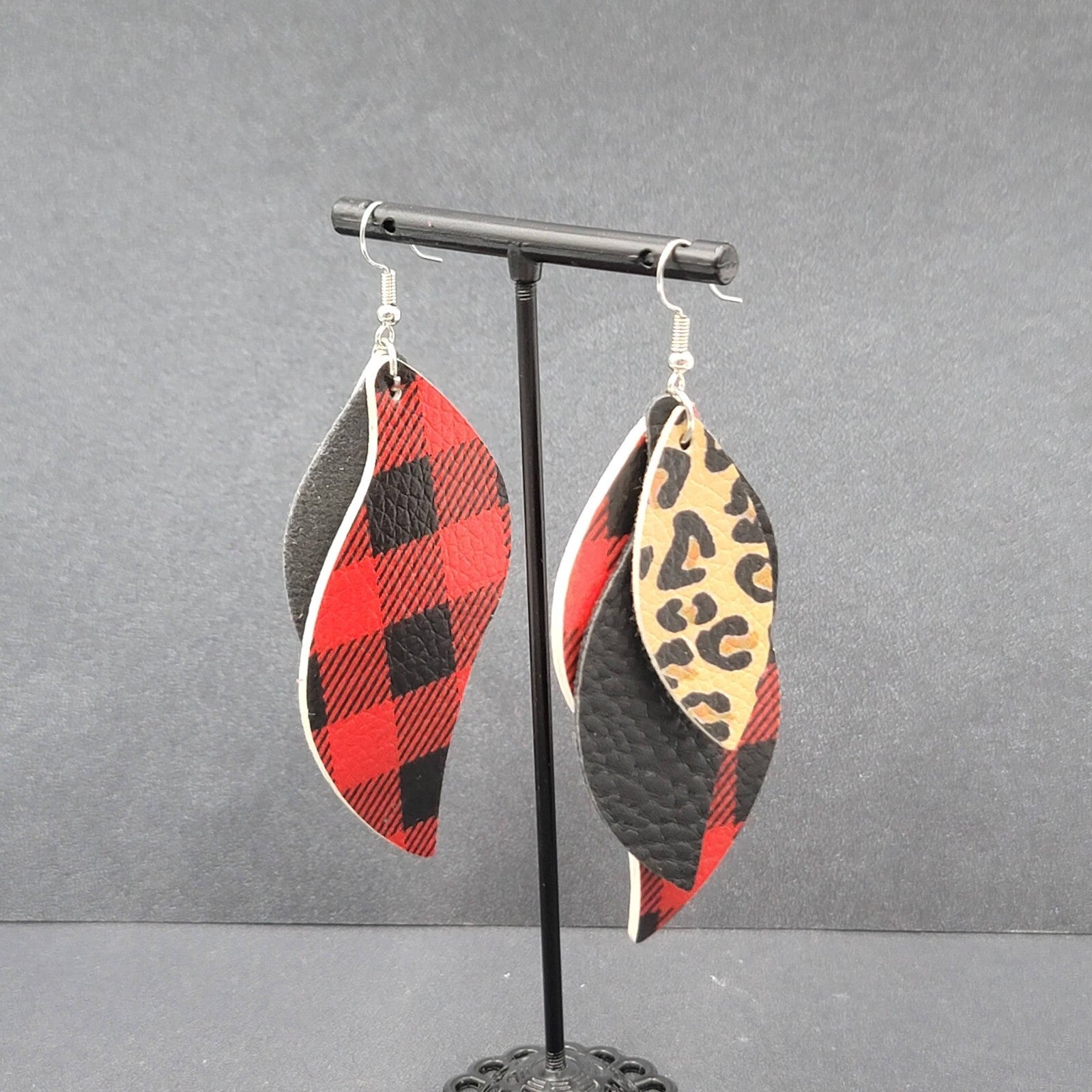Pierced Earrings Faux Leather Leopard Print Red Plaid Silver tone Dangle 3"