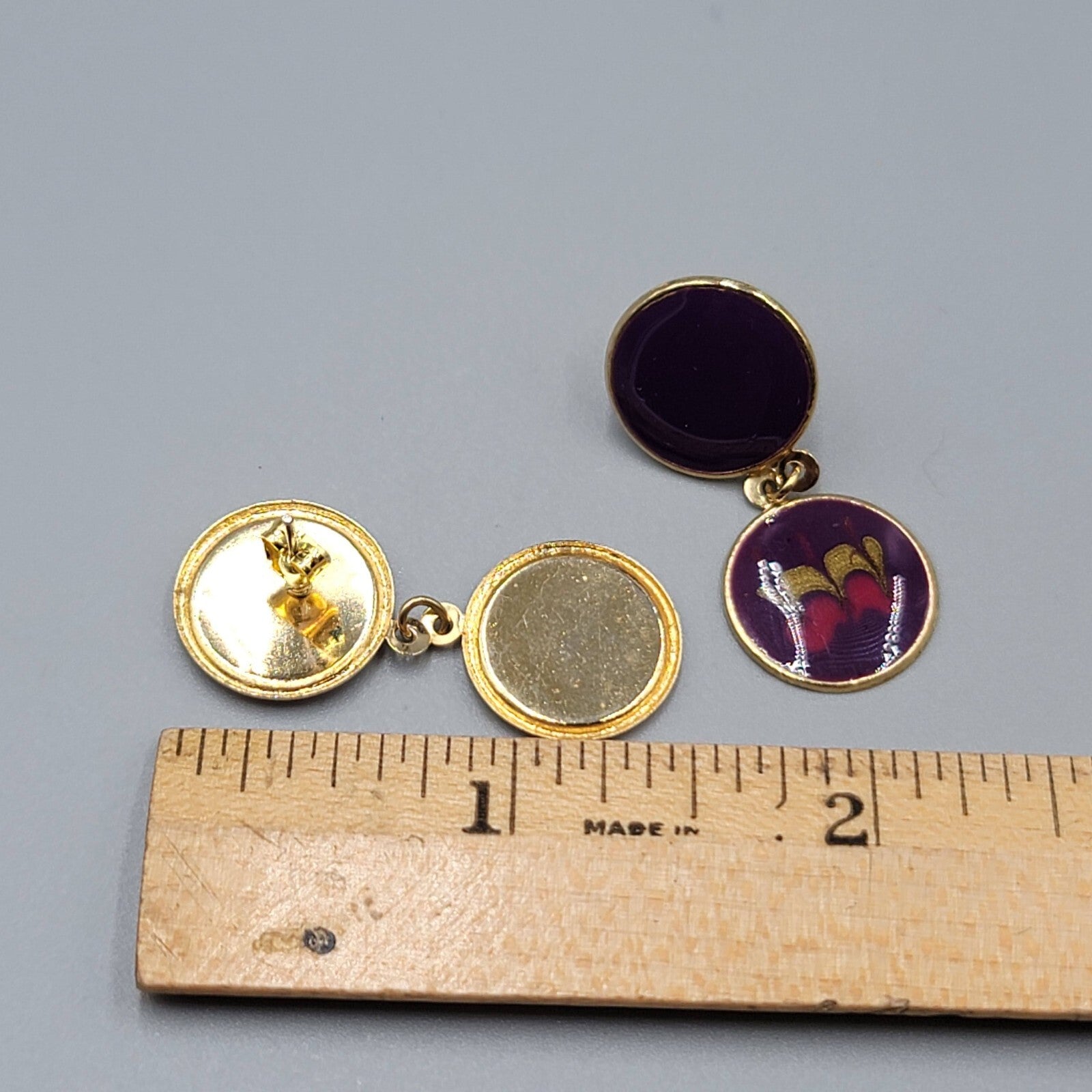 Vintage Pierced Earrings Purple Enamel Dangle Gold tone 1.5"