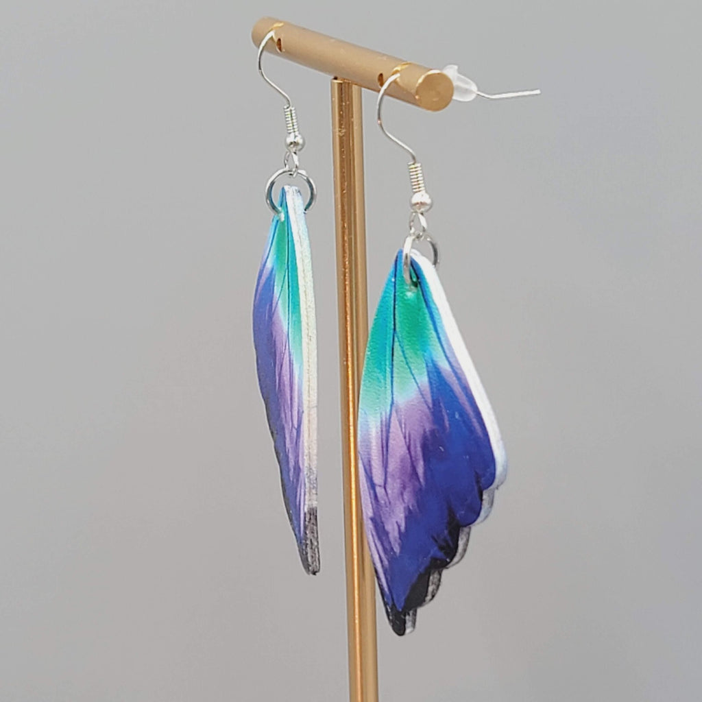 Butterfly Wing Pierced Earrings Purple Green Blue Statement Dangle 2.25"