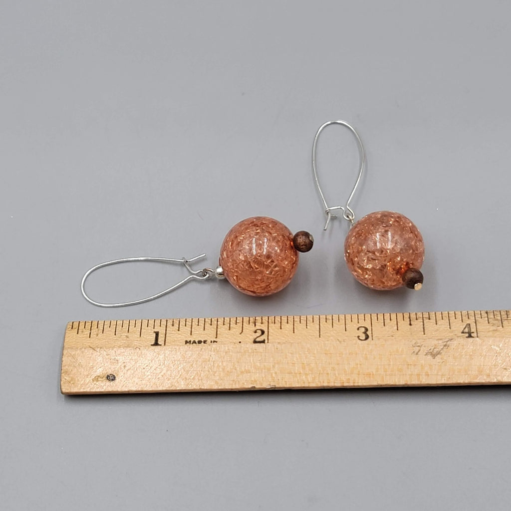 Peach Crackle Bead Ball Dangle Pierced Earrings Silver tone Hook Lightweight 2"