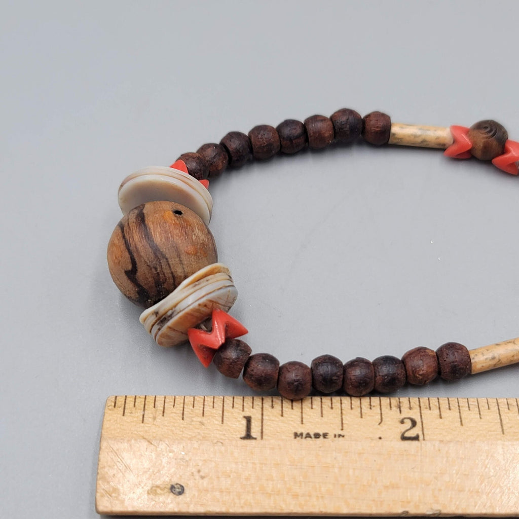 Artisan Boho Necklace Wood Bead Shell Ethnic 16"