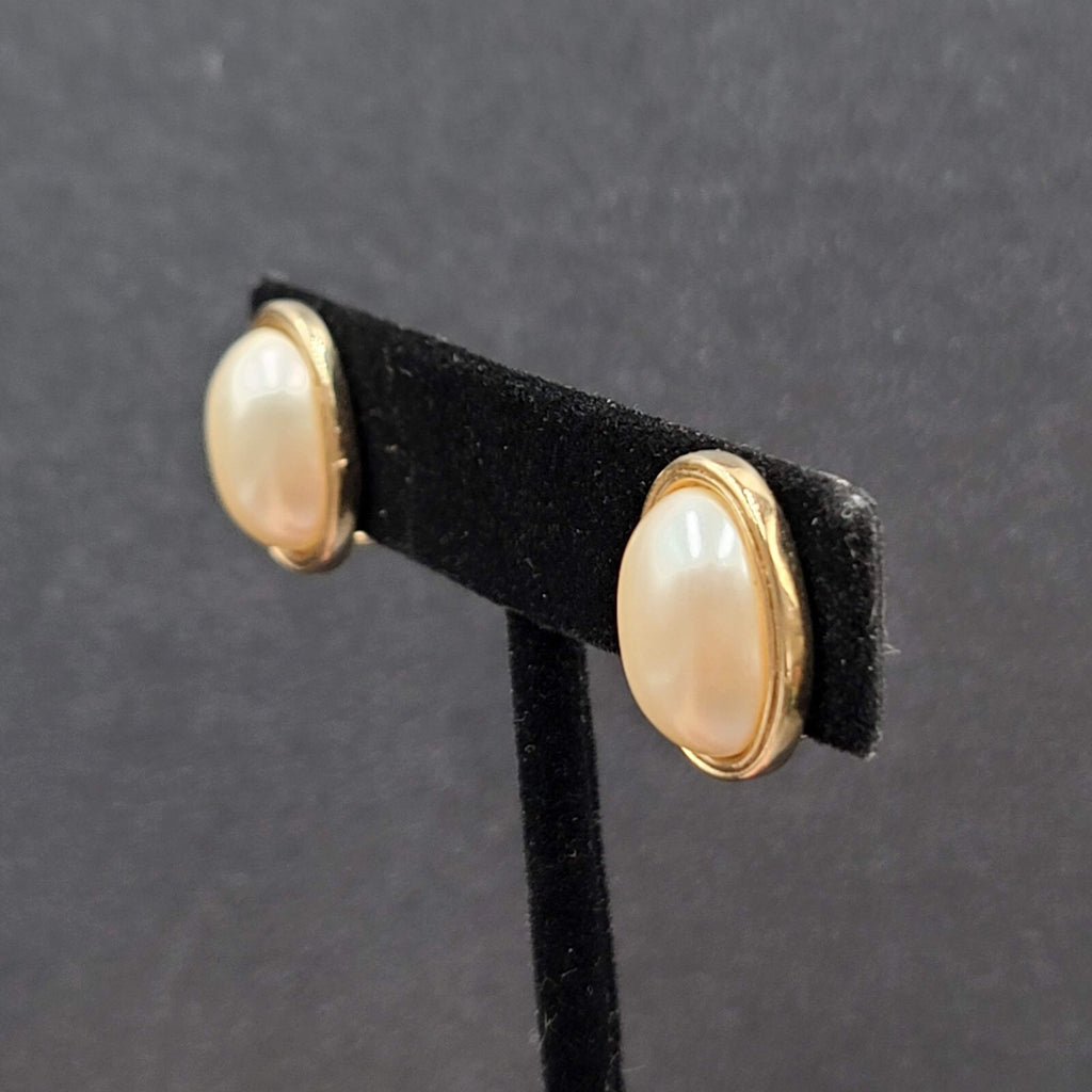 Vintage Avon Clip on Earrings Gold tone Oval White Cabochon Studs 5/8"