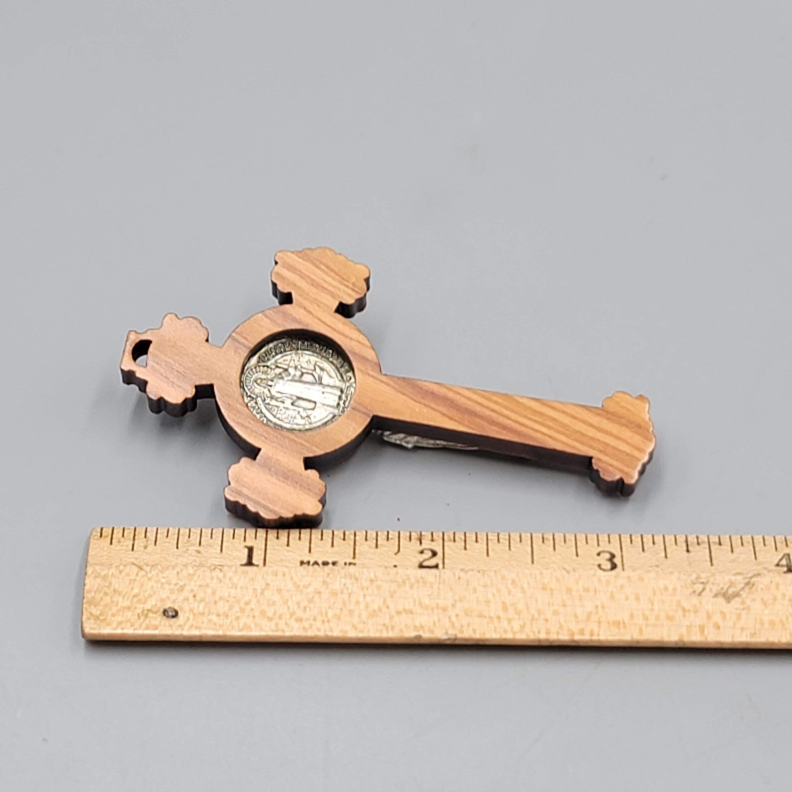 St Benedict Painted Olive Wood Crucifix 3 in Pectoral Cross