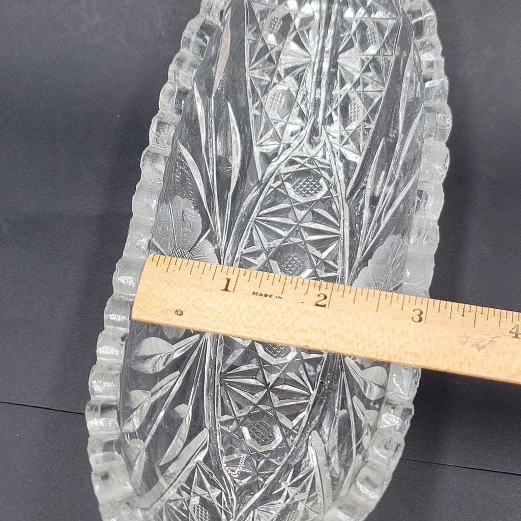 Brilliant Cut Glass Celery Dish Floral Saw Tooth Rim Flower Daisy 8 in