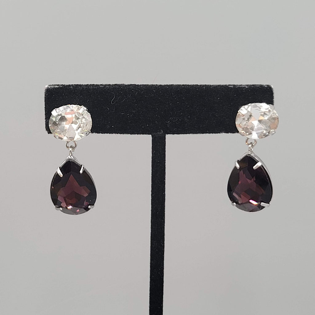 Purple Rhinestone Pierced Earrings Silve rtone Dangle Teardrop 1 1/8"