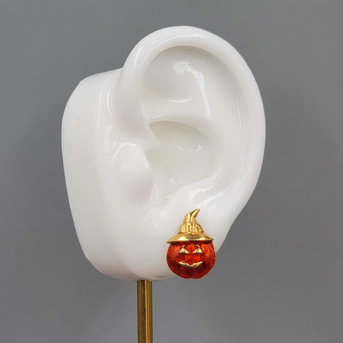 Avon Jack o Lantern Pierced Earrings Gold tone Orange Enamel Studs 5/8"