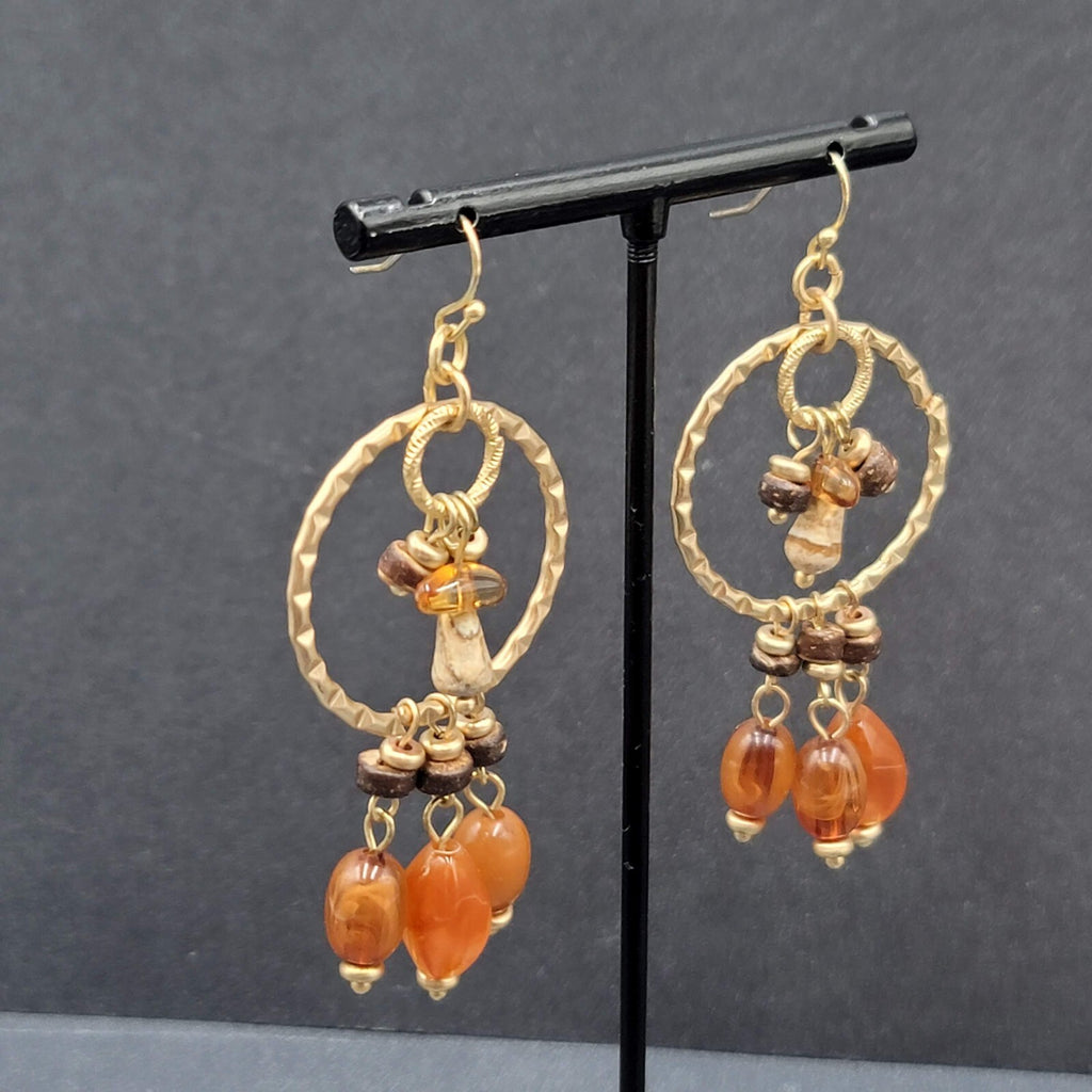 Pierced Earrings Gold tone Natural Colored Acrylic Beads Coconut Shell Bead 2.5"