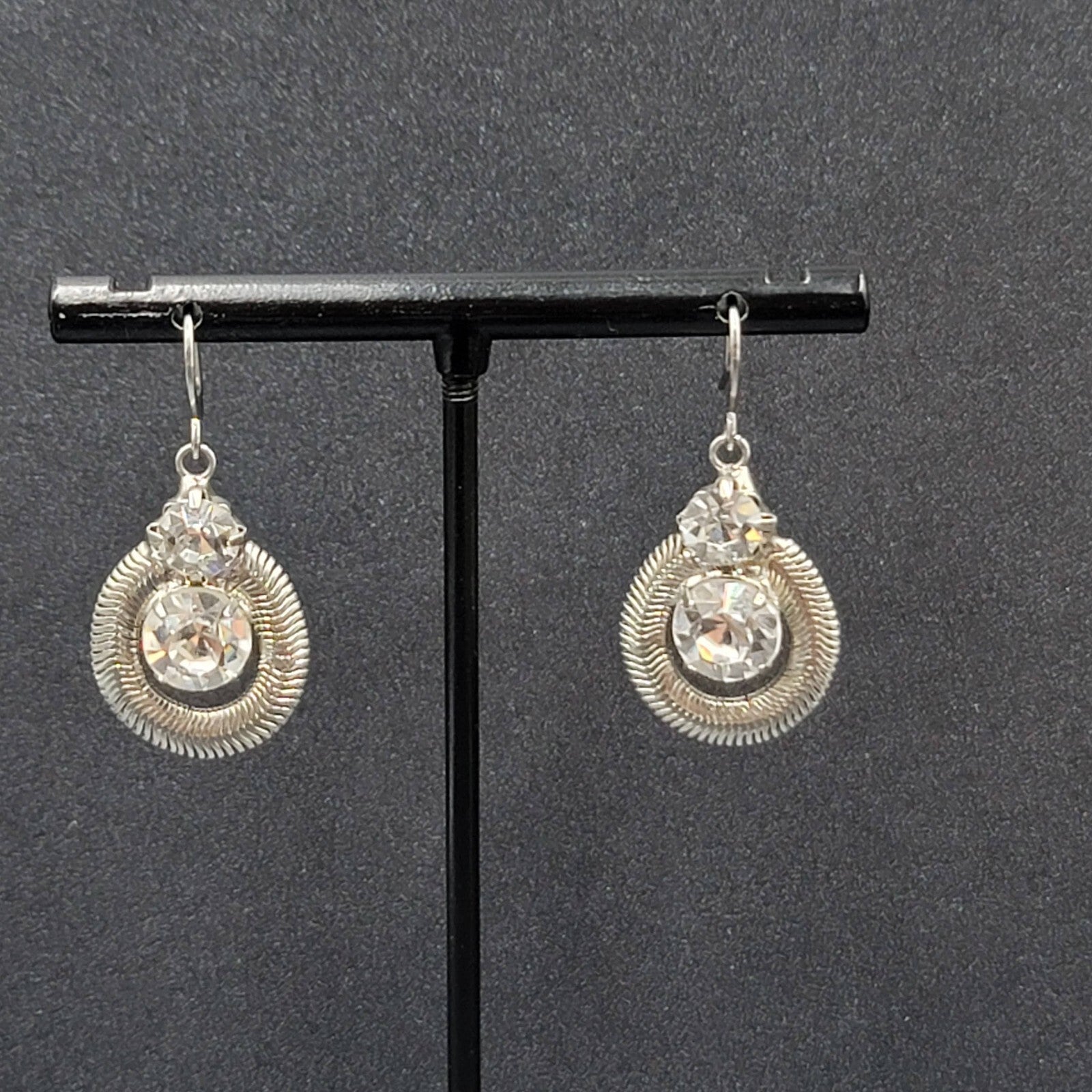 Pierced Earrings Silver tone Snake Chain Rhinestone Dangle 1"