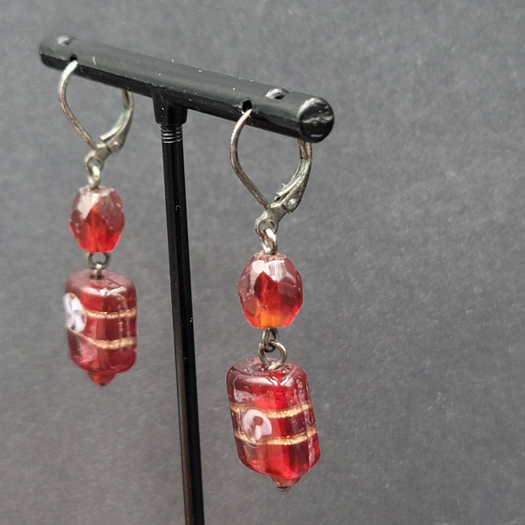 Pierced Earrings Black Metal Red Art Glass Beads 1.25"
