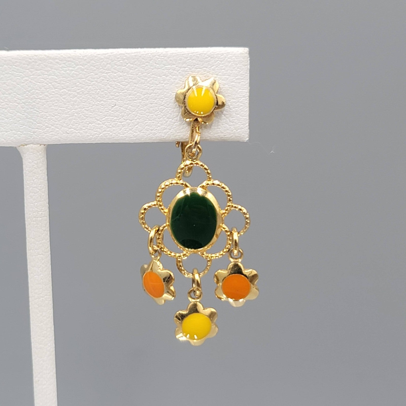 Vtg Celebrity Clip on Earrings Gold tone Dangle Orange Green Yellow Enamel 1.25"