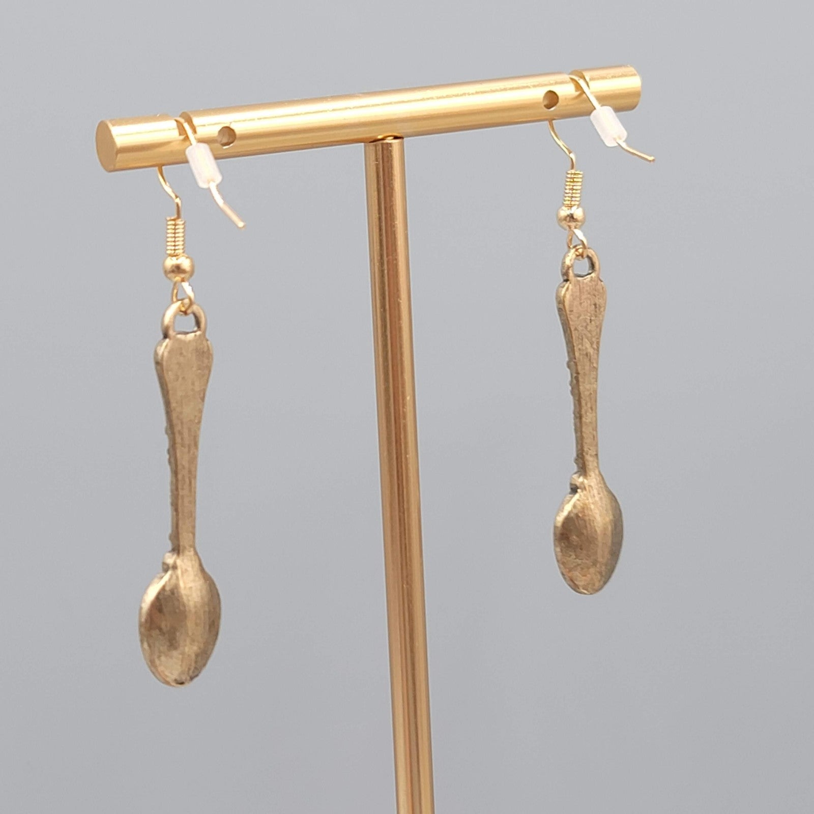 Ornate Spoon Pierced Earrings Dangled Antiqued Gold Tone Embossed 1.5"